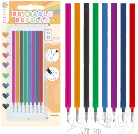 HABNI 8 Stück Radierbarer Ersatzminen, Kompatibel mit Legami-Bunte Erasable Gel Pen Refill Set, Stiftspitze 0,7mm,Höhe 13 cm, Blisterpackung, 8 Farben