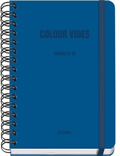Dohe - Skolkalender 2025 2026 - Vecka per uppslag, Storlek A5 (15x21 cm), Spanska och Engelska, Dubbelspiralbindning och Resårband, Hårt omslag, 4 Klistersidesark - COLOUR VIBES Blå