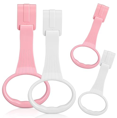 BESTonZON 4 anelli per assistente alla camminata del bambino, maniglie in plastica, per allenamento in piedi e camminata, supporto per box per bambini, colore: bianco e rosa, 20 x 9 cm