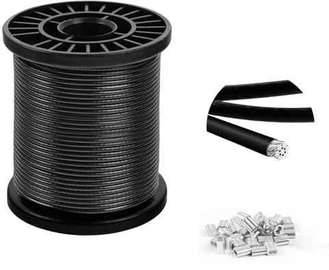 4mm steel wire, plastic coated steel cable 30m, 7x7 Strand Core Multi-Purpose Metal Cable for Gardens, Hanging, Outdoor Use, 550kg Breaking Strength with 30 Aluminum Loops