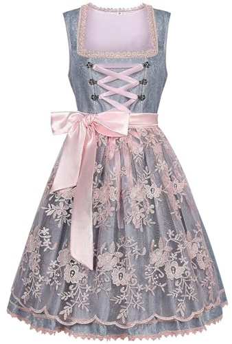 Dirndl - Robe midi pour femme - Robe traditionnelle classique - Gris - Avec tablier en dentelle - 2 pièces - Costume bavarois élégant - Robe traditionnelle raffinée pour fête de la bière, gris, M