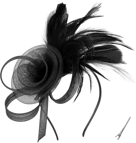 ETOFETE Women Wedding Feather Fascinator Headband Pillbox Hat Bridal Headdress Headpiece with Headband Hair Clip for Race Derby Ascot Black