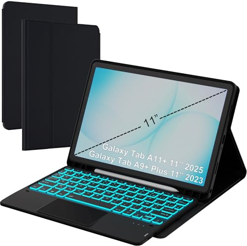 Coque Clavier pour Samsung Galaxy Tab A11+/A9+ 11 Pouces - 7 Couleurs Rétroéclairées Amovible Tablette Etui sans Fil avec Pavé Tactile - AZERTY Layout Français Clavier pour Tab A11 Plus 11 2025 Noir