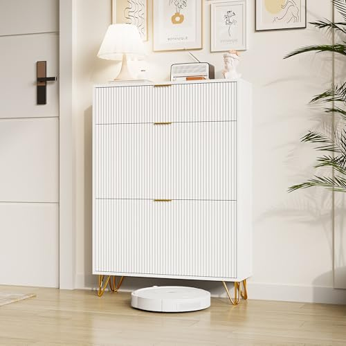 SUNFECILI Weißer Schuhschrank mit 3 Klapptüren und goldfarbenen Griffen, Schuhablage Verstellbar für Schlafzimmer, Wohnzimmer, kleines Streifendesign, 80 x 24 x 118.5 cm