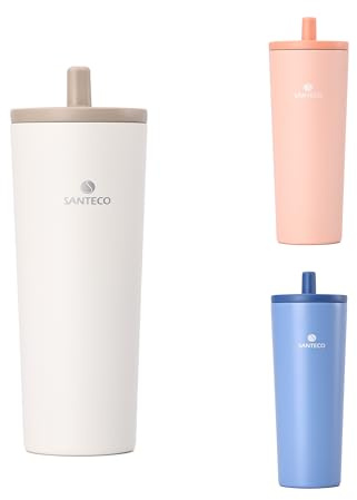 SANTECO Autobecher mit Strohhalm Edelstahl Reisebecher 750ml, BPA-frei, Thermoskanne Modern Trinkbecher mit Deckel, Creme