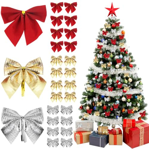 FuxFuis 36 PCS Nœuds de Noël, Noeud de Ruban de Noël 3 Couleurs Noeud Emballage Cadeau Nœud Papillon Sapin de Noël Ruban Noeud Satin Noeud Décoratif Cadeau pour Déco Arbres de Noël, Or Argent Rouge