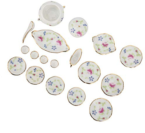 Eminchu Juego de té de Porcelana en Miniatura 1:12, Tetera de Cerámica en Miniatura de Cocina, Juego de Platos y Platos con Mini Patrón de Flores, Ideal para Utensilios de Cocina Clásicos, Juguetes