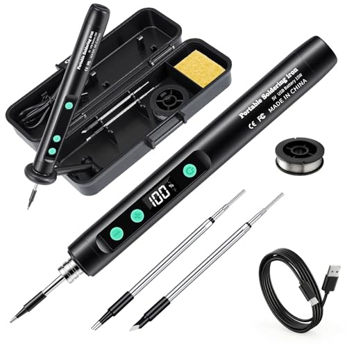 Soldador Sin Cable Kit - 1100mAh Recargable USB con Puerto Tipo-C, Temperatura Ajustable Digital LCD Termostática para Reparación Electrodomésticos, DIY - Negro