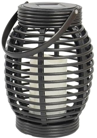 Festive Lights - Solar Powered Black Rattan Effect Lantern - 21cm Garden Candle Cage Lantern, Warm White Flickering Flame LED, Outdoor Hanging Tabletop Patio & Decking Decoration, IP44 Waterproof
