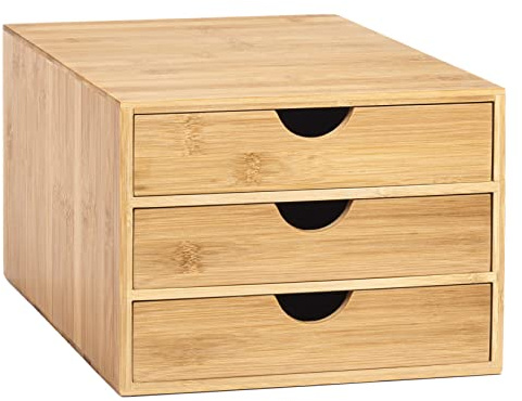 Woodluv 3 Drawer Bamboo Home Office Desktop Tidy A4 Sturdy Stationary Storage Organiser Unit, W25 X D33 X H18.5cm