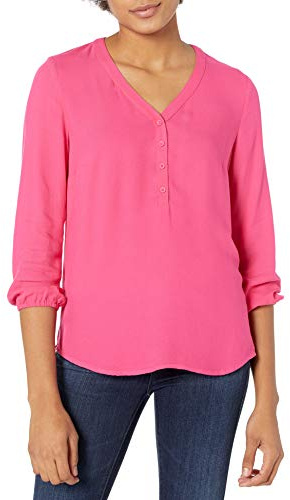 Amazon Essentials Chemisier Boutonné à Manches 3/4 et Col en V, Coupe Ample Femme, Rose Incandescent, XXL