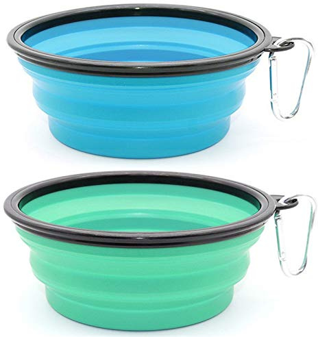 SLSON 2PZ Ciotola Pieghevole per Cane,Ciotola Viaggio Cani con Moschettone Alpinismo,Ciotola Portatile,Azzurro e Verde Chiaro,1000ml
