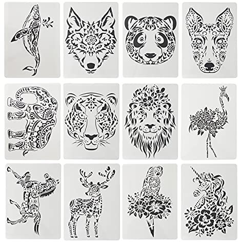 12 Stücke Tierschablonen Vorlagen, Waschbar Malerei Schablone, Wiederverwendbare Malschablone, Verwendet für Malerei, Leinwand, Scrapbooking-Kartenherstellung, DIY-Handwerk