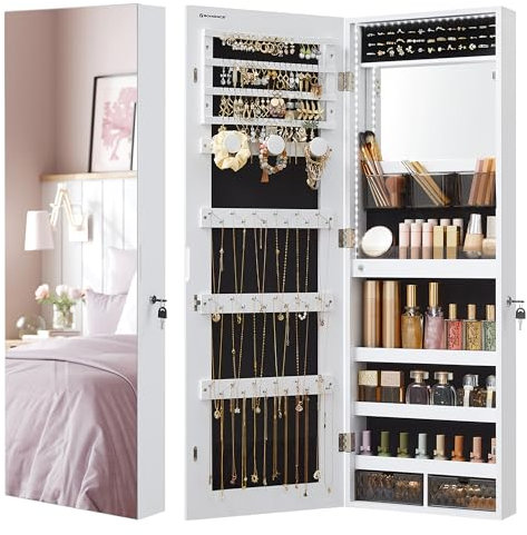 SONGMICS Armoire à Bijoux Murale, Organisateur avec Lumières LED, Placard de Rangement, avec Miroir sans Cadre, Miroir de Maquillage Intégré, 2 Tiroirs, Verrouillable, Blanc JJC013W01