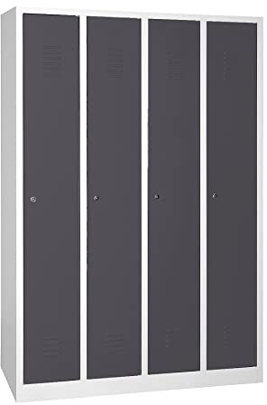 Schrank & Stuhl Spind – Metallspind mit 4 Abteilen, Schließfachschrank mit Hutboden, 30 cm Abteilbreite, Lieferung komplett montiert (Grau/Anthrazit, mit Zylinderschlössern)