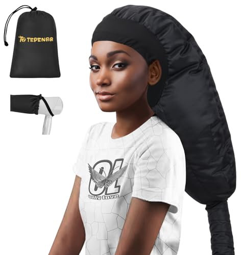 TEPENAR Bonnet Hair Dryer Attachment: Upgraded Extra Large Hooded Hair Dryer Adjustable Soft Blow Dryer Caps - Easy to Use for Natural Curly Textured Hair Care Styling Fast Drying - Black