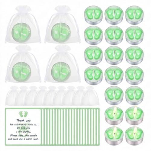 Treela 20 Sets Baby Shower Favor Green Tea Light Candles Organza Bag Cards