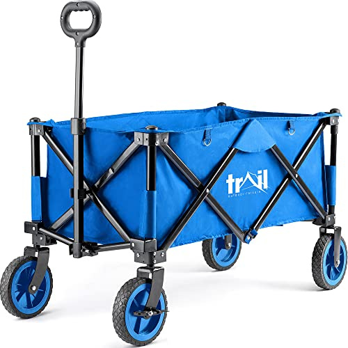 Trail Folding Camping Festival Trolley, 80kg Capacity, Blue | Heavy-Duty Steel Frame, Easy Fold Design, 360° Front Castor Wheels, Reinforced Storage Basket, Telescopic Pull Handle
