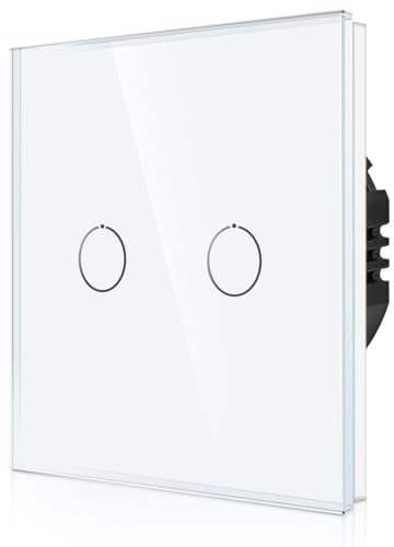 CNBINGO Touch Lichtschalter unterputz, 2-Fach 1-Weg, Weiß Glas | Berührungsschalter, Kein Neutralleiter Erforderlich, Zweifach Wandschalter mit Status-LED und Glas Panel, 500 W/Fach