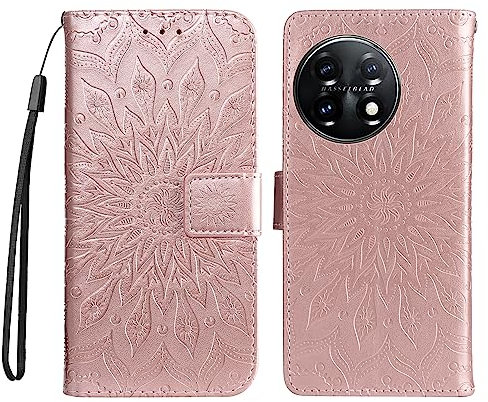 JZ 3D Blume Fall Für One Plus 11 2023/1+11 Protective Kickstand Phone Case Cover Mit Kartenschlitzen [Magnetisch -Wrist Strap] -Rose Gold