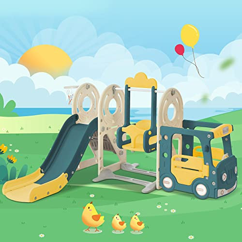 Scivolo 5 in 1 per bambini dai 3 agli 8 anni in su, per interni ed esterni, parco giochi per bambini con cestino da basket, autobus, altalena, scivolo e scaletta, scivolo da giardino, altalena per