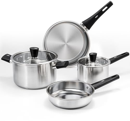 Juego de 6 ollas y sartenes de acero inoxidable, juego de utensilios de cocina con asas que se mantienen frías, compatible con gas, eléctrico e inducción, apto para lavavajillas, no tóxico y duradero