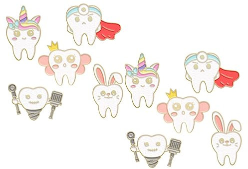 Abaodam Zahn Brosche Pin Anstecknadel 10 Stück Cartoon Zahnmotiv Emaille Metall Brosche für Kleidung Hüte Schals Corsage Damen Zinklegierung Mantel Ornamente