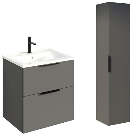 BERNSTEIN Badmöbel-Set Tim 60cm Anthrazit matt mit schwarzen Griff mit Keramik-Waschbecken & einem Seitenschrank - Badezimmermöbel, feuchtigkeitsresistentes Material, Vormontierter Unterschrank