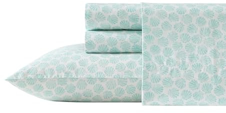 Laura Ashley - Queen Sheets, Cotton Percale Bedding Set, Lightweight & Breathable Home Decor (Margate Shells Blue, Queen)