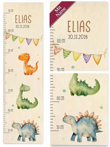 Messlatte Kinder - Dino Dinosaurier - Dinos mit Name und Datum Kindermesslatte Dino-Motiven - 50-110 cm - Holz