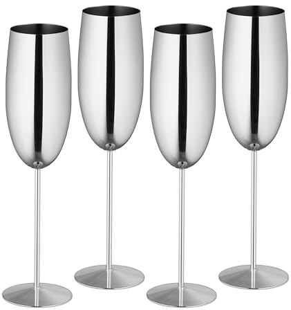 Relaxdays Champagneglas rostfritt stål, set om 4, okrossbara, lång kylningseffekt, 250 ml, champagneglas för resor, silver