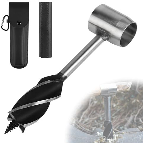 EFUTURETIME Tarière Manuelle Bushcraft, φ25x160mm, Perceuse à Main en Acier avec Étui en Cuir Noir, Outil de Survie pour Aventure Extérieure, Camping, Travail du Bois