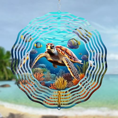3D Sea Turtle Wind Spinner 10 Inch Ocean Theme Metal Art Stainless Steel Kinetic Art Hanging Spinner for Indoor and Outdoor Garden Decoration