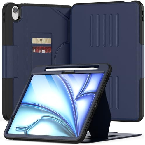 KAIJIAbox Case for iPad Air 11Inch M4/M3/M2 (2026/2025/2024),for iPad Air 7th/6th,Shockproof Cover with Strong Magnetic Multi-Angle Stand,Pencil Holder and Card Slot, Auto Wake/Sleep(Dark Blue)
