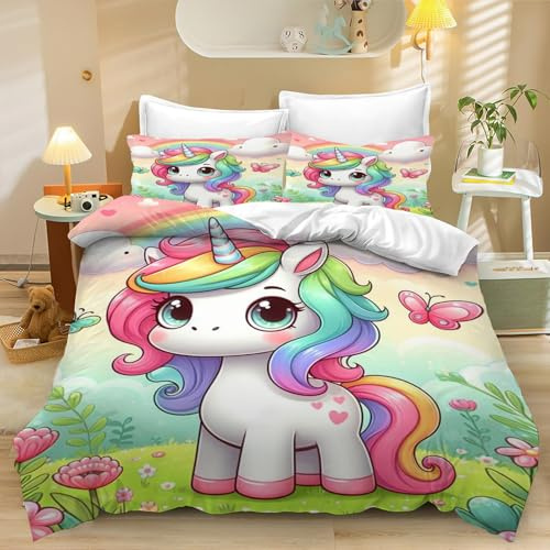 CYSYLQW Einhorn Bettwäsche 135x200cm Kinderbettwäsche Einhorn Rosa Mädchen Kinder Bettbezug Set Für 3D Microfaser Rosa Einhorn Bettwäsche-Sets Mit Reißverschlus (135 x 200 cm,1)