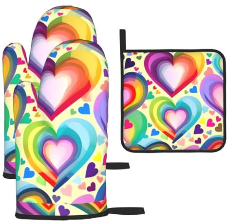 Guanti da forno e presine con stampa di cuori in colori arcobaleno, guanti da ristorante, cucina, forno, microonde