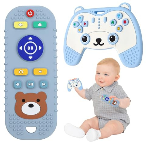 Silikon Fernbedienung Spielzeug | Bear Beißspielzeug für Jungen und Mädchen, Zahnungshilfe BPA-Frei, ab 6 Monate geeignet als Geschenk (Blau)