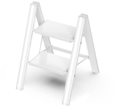 GameGem 2 Step Ladder, Folding Step Stool with Anti-Slip Wide Pedal, Aluminum Material Lightweight yet Sturdy, 150 KG Loading, Cute Modern Apperance for Indoor Household Spaces, White