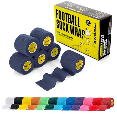 SPORTTAPE 6 Rotoli Benda Elastica Autoadesiva - 5 cm x 4,5 m - Blu Scuro | Nastro auto-adesivo benda per calzettoni calcio, benda portiere, Coesiva Fascia Compressione per Sport, Cani & Cavalli