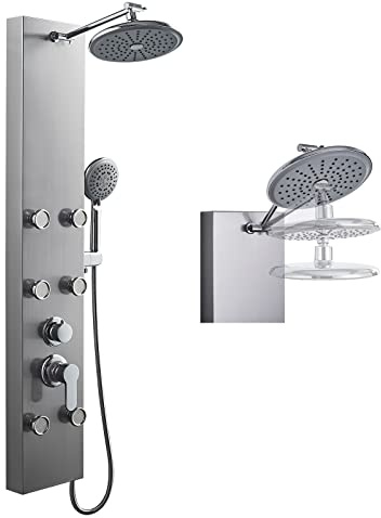 ROVOGO Duschpaneel mit Armatur 22 cm neigbare Regendusche, 3 Strahlarten | 6 Massagedüsen, runder Duschkopf, 5-Modi Handbrause, höhenverstellbarer Messingarm, Duschsäule gebürsteter Stahl, Wandmontage