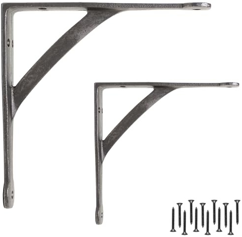 EDUWURXS Penny Gallow Cast Iron Shelf Brackets 8x8in, Pair | Heavy-duty cast iron shelf brackets with a traditional design for wall-mounted wooden shelving.