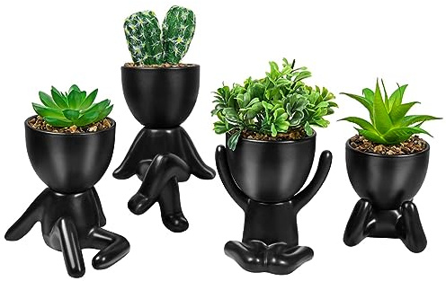Mskidand 4 Maceteros Suculentos Artificiales, Mini DecoracióN Suculenta de CeráMica en Maceta, Macetas Negras Creativas con Forma, Macetas PequeñAs