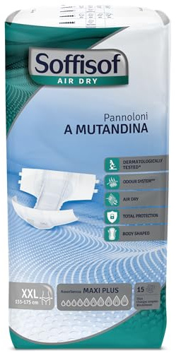 Soffisof Air Dry Couches Adultes Maxi Plus XXL - 15x Couche Adulte Incontinence, Absorption 10 Gouttes, Change Complet Adulte Taille XXL (155-175 cm) - Paquet Individuel