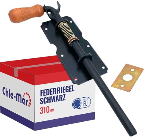 Chle-Mar Federriegel 310 mm schwarzer Schieberiegel mit Federmechanismus | Torverriegelung, Ideal für Türen, Tore, Gartentore & Ställe, Türriegel mit Holz- oder Kunststoffgriff, Federbolzen