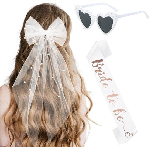 3 Stück JGA Accessoires Frauen, Bride to Be Schärpe und Schleier Set, Junggesellenabschied Frauen Herz Sonnenbrille und Perlenaccessoires, JGA Deko für Brautparty, Hochzeit und Bachelorette