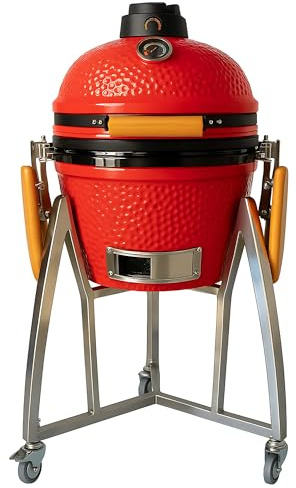 Barbacoa Kamado Grill japonesa de cerámica – Ø40 cm – Mesas de refuerzo plegables – Ruedas – Carbón de leña – Termómetro integrado – Mango de madera – Color rojo – Ideal para jardín, terraza, camping