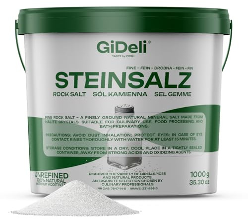 GiDeli Sal de roca fina, 1 kg, natural, sin refinar, sin aditivos, para cocina, procesamiento de alimentos, baños