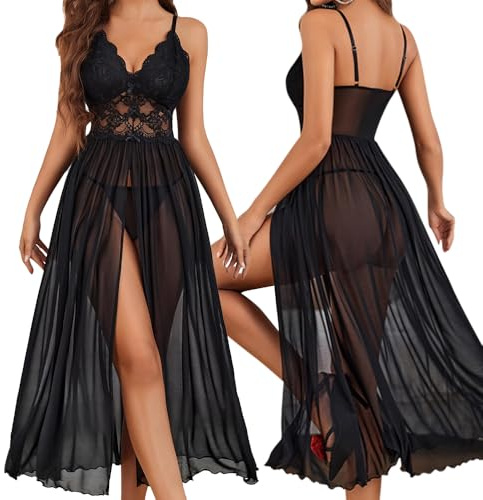 XFSRG Lingerie Donna Sexy Babydoll in Pizzo e Tulle Trasparente con Scollo a V Corsetto con Spacco Laterale Camicia da Notte Maxi Seducente (Nero M)