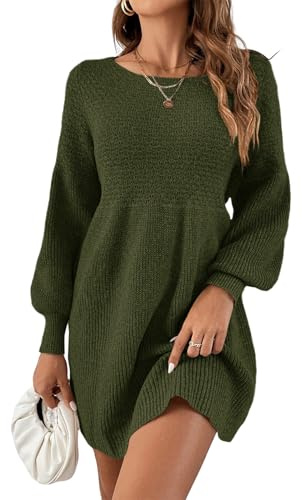 Saodimallsu Abito da donna a maniche lunghe con scollo tondo, con scollo a imbuto, aderente in vita, elegante, in maglia, abito a pullover, abito a linea, miniabito, verde militare, L