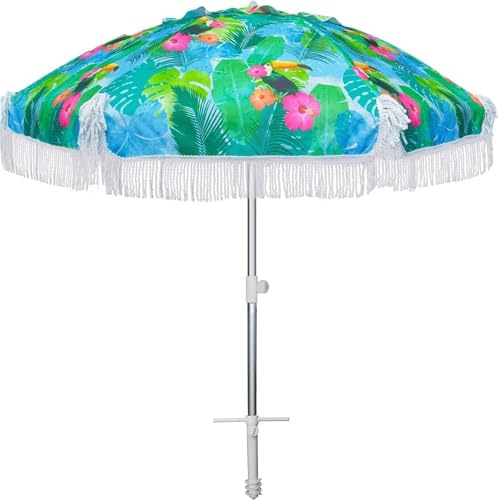 Parasol de Plage, Parasol à Franges, 2 m, Robuste, résistant au Vent, avec ancrage au Sable, évent, Inclinaison, abri Solaire Portable, UPF 50+, Coupe-Vent, Sac de Transport pour Pat